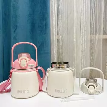 Вакуумная колба большой емкости из нержавеющей стали, соломенная бутылка, соломенная бутылка для питья воды, термовакуумная кружка, соломенная бутылка для школы зелёный