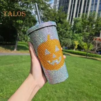 Вакуумная кружка на Хэллоуин 500 мл, блестящий, со стразами, из нержавеющей стали, изолированный стакан с крышкой и соломенной тыквой, кружка для холодных и горячих напитков 500ML