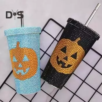 Вакуумная кружка на Хэллоуин 500 мл, блестящий, со стразами, из нержавеющей стали, изолированный стакан с крышкой и соломенной тыквой, кружка для холодных и горячих напитков 500ML