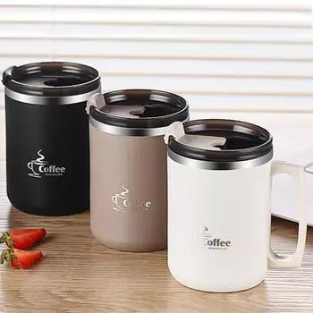 Вакуумная кружка с ручкой на крышке, кружка из нержавеющей стали с двойными стенками, ручкой, крышкой и трубочкой, портативная термокружка для путешествий 304 Liner коричневый