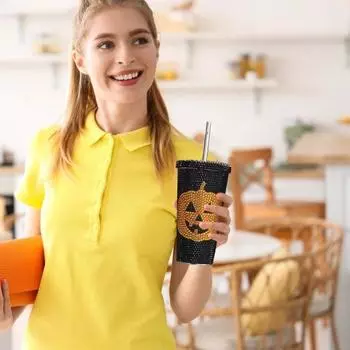 Вакуумная кружка Yousheng Halloween объемом 500 мл из нержавеющей стали с блестящими стразами, изолированная, с крышкой и соломенной тыквой, кружка для путешествий для холодных и горячих напитков 500ML