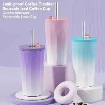 Вакуумная термоизолированная кофейная кружка с соломинкой из нержавеющей стали с градиентом 600 мл, устойчивая к ржавчине, для горячего и холодного питья синий