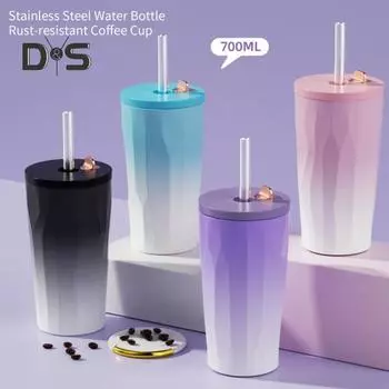 Вакуумная термоизолированная кофейная кружка с соломинкой из нержавеющей стали, 600 мл, устойчивая к ржавчине, для горячих и холодных напитков, для женщин и мужчин синий