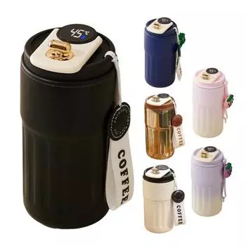 Вакуумная термокружка с дисплеем температуры 450 мл, термокружка из нержавеющей стали для горячих напитков, герметичная крышка, легко моется, портативный дорожный стакан чёрный