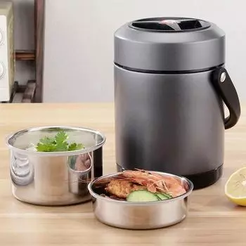 Вакуумный герметичный ланч-бокс большой емкости из нержавеющей стали Bento Box Портативный эффективно поддерживающий температуру пищевой контейнер 1600ML чёрный