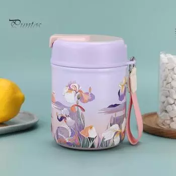 Вакуумный ланч-бокс из нержавеющей стали, пищевой контейнер без бисфенола А со складной ложкой, герметичный ланч-бокс с широким горлом для дома, кухни, офиса и улицы синий/белый