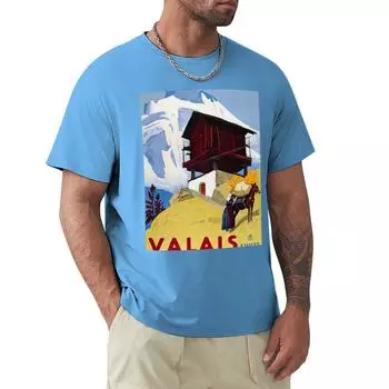 Вале Швейцария Винтажный туристический плакат | Швейцарский туристический художественный плакат | Швейцария Плакат для футболки Room S средний синий