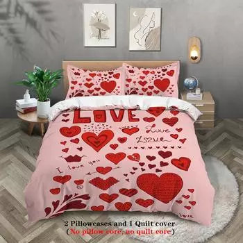 Valentine S Day 3D Digital Printing Polyester Three-Piece Quilt Cover Bedding Quilt Cover Pillowcase 135x200cm
