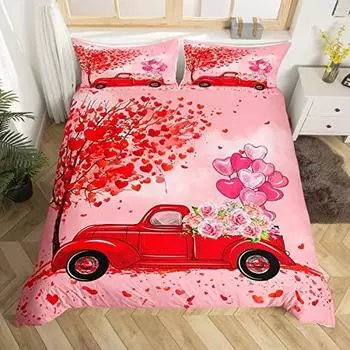 Valentine s Day Duvet Cover Set King Size,Red Truck Heart Tree Bedding Set,Rose Flowers Trailer Comforter Cover Romantic Gifts EU Single(135x200cm)