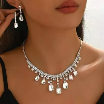 Valentine S Day Gift, European Fresh Temperament Square Water Drop Crystal Necklace Earrings Two-Piece Set