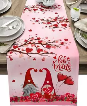 Valentine s Day Love Gnomes Linen Table Runner Valentine Pink Theme Rose Love Heart Table Runners for Kitchen Dining Table Decor 150x33cm 59x13inch розовый