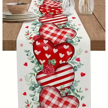 Valentine s Day Love Heart Eucalyptus Leaves Linen Table Runner Wedding Party Decor Valentine Theme Striped Plaid Table Runners 150x33cm 59x13inch
