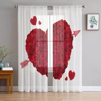 Valentine S Day Red Flower Rose Heart White Sheer Curtains for Living Room Decor Window Curtains Kitchen Tulle Voile Curtains W135 x H115cm x1