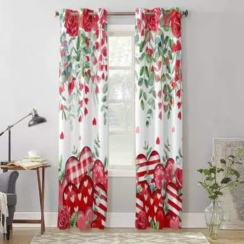 Valentine S Day Red Heart Eucalyptus Leaves Rose Window Curtains for Living Room Bedroom Curtain Modern Kitchen Blinds Drapes 135W x 60H(cm) x1
