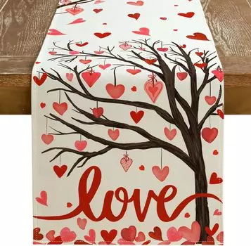 Valentine s Day Red Hearts Tree Love Linen Table Runner Kitchen Dinning Table Runner Indoor Outdoor Holiday Wedding Party Decor 150x33cm 59x13inch