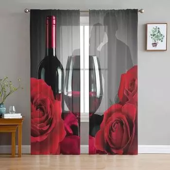 Valentine S Day Rose Flower Red Wine Sheer Curtains for Living Room Decoration Window Curtain Kitchen Tulle Voile Organza Drapes W135 x H115cm x1&Rod Pocket