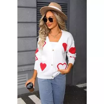 Valentine s Day Sweater, Knitted Heart, Large-sized Women s Button-down Cardigan S белый