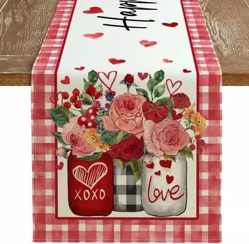 Valentine s Day Table Runner Rose Love Farmhouse Linen Table Runners Red Plaid Indoor Kitchen Dining Table Decor for Home Party 150x33cm 59x13inch