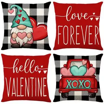 Valentine s Day Throw Pillow Linen Letter Plaid Printed Living Room Sofa Pillow Cover Cushion Cover 45*45cm JYM397-1