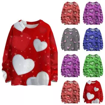 Valentine s Day Women s Sportswear Knitted Sweater Cute Shirt Round Neck Pullover L синий