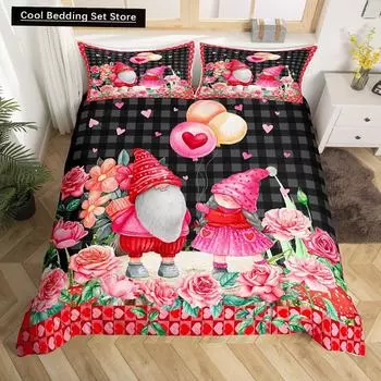 Valentines Day King Duvet Cover Romantic Bedding Set Kawaii Couple Gnome Comforter Cover Pink Rose Hearts Polyester Quilt Cover EU single(135x200cm)