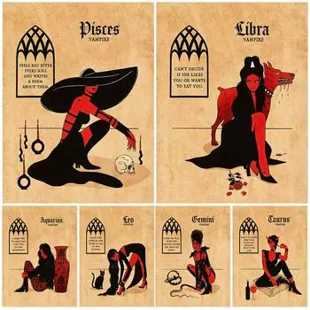 Вампир-ведьма и созвездие Ретро настенная живопись на холсте секретный художественный постер двенадцати знаков зодиака 21cm30cm NoFrame