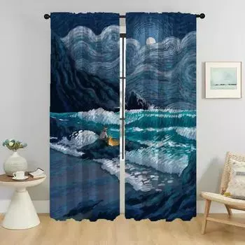 Van Gogh Anti-mosquito Curtains 2 Pieces Tulle for Bedroom Partition Window Curtain Elegant Room Curtains Shades Living Kitchen W50xH70cmx2pcs-CL