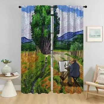 Van Gogh Curtains Child Room Modern Living Room Curtains 2 Pieces Window Curtain Partition Halloween Decoration Shades Kitchen W50xH70cmx2pcs-CL