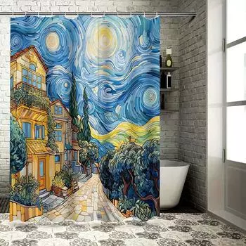 Van Gogh Inspired Starry Night Village Shower Curtain Transform Your Bathroom Into An Artistic Haven Waterproof Durable 90X180cm(35x70in)