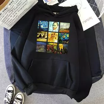Van Gogh Works Sanskrit Cartoons Print Unisex Hoody Crewneck Loose Pullover Fashion Fleece Hoodies Oversize Soft Sweatshirt WoUnisex L