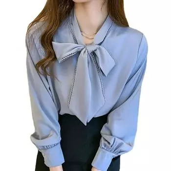 VANGULL Брендовая женская белая и синяя блузка с бантом и стойкой, повседневные весенне-осенние топы на пуговицах, шифоновые рубашки с длинными рукавами, свободные рубашки Blusas Femme