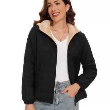 VANGULL Brand Женское осенне-зимнее пальто с коротким принтом и капюшоном, однотонная флисовая куртка с подкладкой XXS чёрный