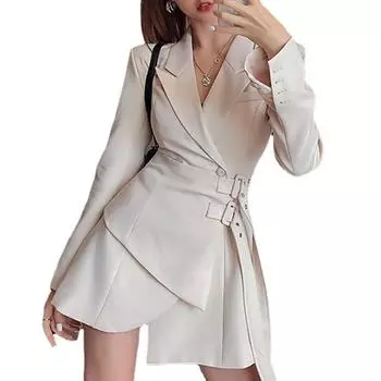VANGULL Брендовое женское платье-пиджак, женское мини-вечернее модное элегантное платье в Корейском стиле с поясом и длинным рукавом, имитация костюма из двух предметов на шнуровке, платье S белый