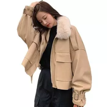 VANGULL женская куртка из искусственной кожи, короткие зимние плюшевые утолщенные хлопковые парки S хаки