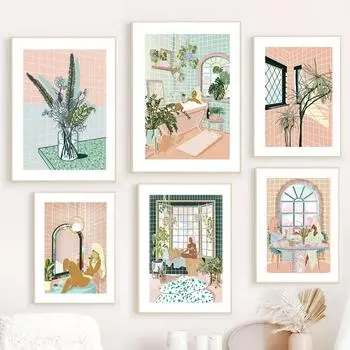 Ванна женщина пена для ванны леди чаепитие абстрактное искусство холст картины плакаты на скандинавскую тему и принты настенные панно для декора гостиной без рамки 21*30cm