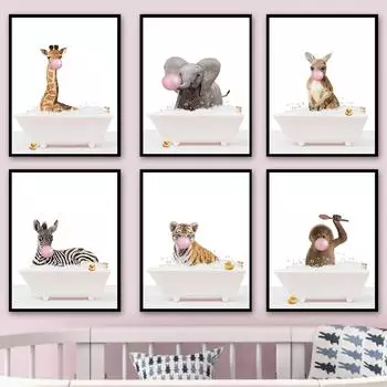 Ванна, животное, слон, жираф, тигр, зебра, плакаты на скандинавскую тему и принты, настенная живопись на холсте, настенные панно для декора детской комнаты 21cm30cm NoFrame