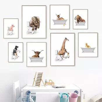 Ванна Животные Жираф Слон Палевая утка Свинья Настенная живопись Печать на холсте Плакаты на скандинавскую тему настенные панно Дети Декор для ванной комнаты A4 21X30cm No Framed