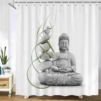 Ванная комната Душевые занавески Статуя Будды Бамбуковые экраны для ванной Домашний декор Водонепроницаемая полиэстеровая ткань с крючками 240x180xm W90xH180cm