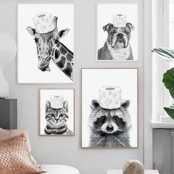 Ванная комната Кролик Кошка Собака Рулонная бумага Настенная живопись Холст Картина Детская комната Декор Туалет Животное Плакат Печать Мода Черно-белые фрески 21x30cm No Framed