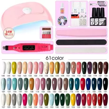 VANREESA Профессиональный лак для ногтей, полноцветный отмачиваемый лак, 61 шт., гель для ногтей с лампой для ногтей 54 Вт, дрель для ногтей, набор инструментов для дизайна ногтей