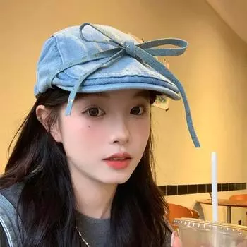 Vantage Original Bow Forward Hats for Women Y2k 2024 Spring and Summer New Versatile Travel Sunscreen Retro Denim Berets Caps 56-58cm светло-синий