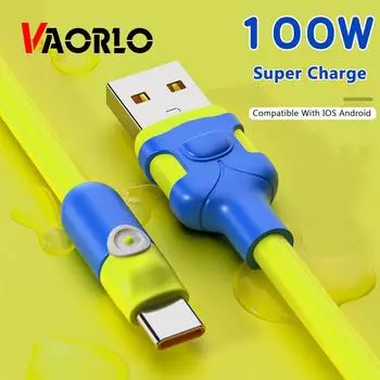 VAORLO 100 Вт кабель для передачи данных 6A для быстрой зарядки для IOS Android Micro USB Type-C 8-контактный зарядный кабель 1 м 2 м линия зарядки из жидкого силикона 1M FOR Type-C жёлтый