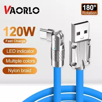 VAORLO 120 Вт 6A Type-C зарядный кабель 180 вращение металлический зарядный кабель быстрая зарядка для Xiaomi Huawei USB-C кабель для передачи данных чёрный