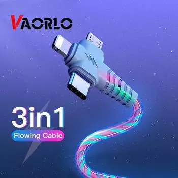 VAORLO 3 в 1 Светящийся зарядный кабель 2.1A Быстрый зарядный поток Светящееся освещение Usb-кабель для Samsung iphone XiaoMi HuaWei синий