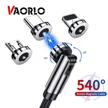VAORLO 540 вращающийся магнитный кабель, магнитное зарядное устройство для быстрой зарядки, кабель Micro USB Type C, провод для мобильного телефона для iPhone Xiaomi Micro чёрный