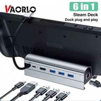 VAORLO для док-станции Steam Deck, базовая подставка для телевизора, концентратор 6 в 1, держатель из алюминиевого сплава, док-станция, 60 Гц, HDMI-совместимый USB-C для консоли Steam Deck серебряный