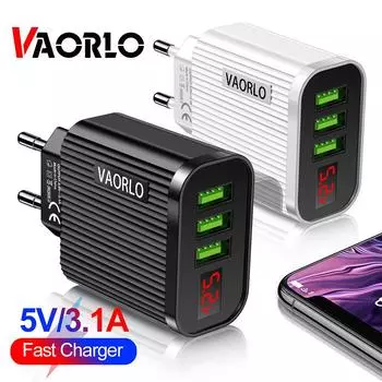 VAORLO EU Charging 5V 3.1A Display USB Зарядное устройство для iPhone Зарядное устройство 3 порта Быстрая зарядка Настенное зарядное устройство для телефона iPhone Samsung Xiaomi USB-адаптер EU Charger чёрный