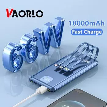 VAORLO Fast Charge Power Bank 100% 10000 мАч Встроенный кабель Lightning Type-C Входной USB-кабель со светодиодной подсветкой Цифровой дисплей для интеллектуальных устройств чёрный