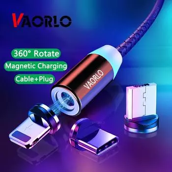 VAORLO Магнитный зарядный кабель Поворот на 360 ° Модное зарядное устройство USB Простая зарядка для Iphone Huawei Android Samsung Зарядный кабель Micro+Cable чёрный