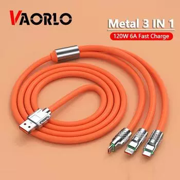 VAORLO Металлический USB-кабель для передачи данных 120 Вт 6A 3 в 1 Super Charge Быстрая зарядка для Micro Type-C с индикатором передачи 480 Мбит/с синий
